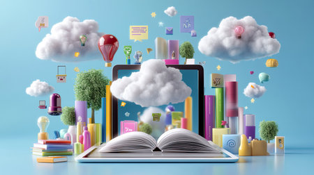 This colorful illustration showcases an open book emerging from a digital device, surrounded by clouds and creative elements, symbolizing imagination and learning.の素材