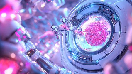 This image showcases a futuristic laboratory scene featuring robots interacting with atomic structures. Vibrant colors and advanced technology create a captivating atmosphere of innovation and discovery.の素材