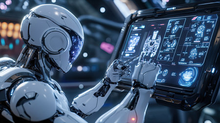 A futuristic robot interacts with a high-tech control panel in a space setting. This image explores themes of artificial intelligence and advanced technology, highlighting innovative designs.の素材