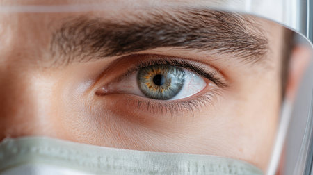 A close-up image showcasing a human eye with intricate detail, featuring a protective mask and face shield. The image emphasizes the importance of safety and health.の素材