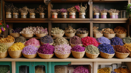 An enchanting display of colorful dried flowers arranged in baskets at a market. Perfect for decoration, crafting, or inspiring nature lovers with vibrant hues and textures.の素材