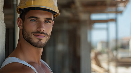 A confident and handsome construction worker smiles while wearing a hard hat. This portrait captures the essence of professionalism and determination within the construction industry.の素材