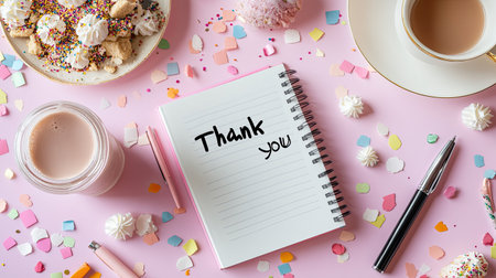 A charming flat lay of a thank you note surrounded by sweets, a cup of coffee, and colorful decorations, creating a joyful and cozy ambiance perfect for celebrations.の素材