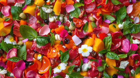 A stunning overhead view of a vibrant salad featuring fresh vegetables, herbs, and colorful edible flowers. Perfect for showcasing healthy dining options.の素材