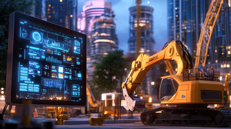 A powerful yellow excavator monitors construction data on a futuristic display. This scene combines technology and machinery in an urban development environment, showcasing innovation.の素材