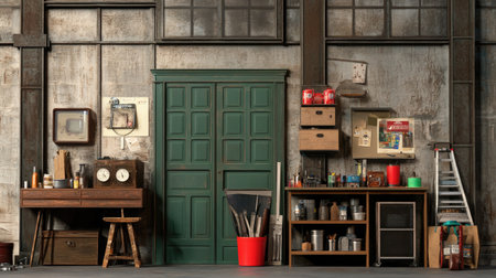 Explore a vintage workshop interior featuring a striking green door and rustic decor elements, ideal for creative projects and DIY enthusiasts seeking inspiration.の素材