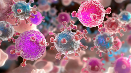 Vibrant and detailed digital illustration of microorganisms showcasing their complex structures, highlighting the interaction between viruses and cells in a scientific context.の素材