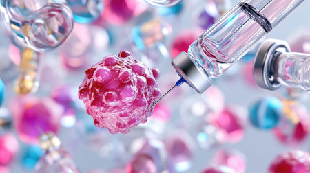 A vibrant representation of a syringe injecting a vaccine into colorful cells, illustrating the intersection of medical science and innovation in healthcare.の素材