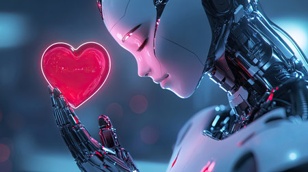 A stunning humanoid robot gracefully cradles a glowing heart, symbolizing love and emotion in a futuristic setting. The artwork represents the blend of technology and feelings.の素材