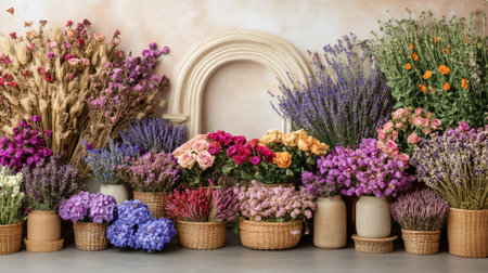 A vibrant collection of assorted fresh flowers arranged in baskets against a vintage backdrop, showcasing nature's beauty and elegant decor ideas.の素材