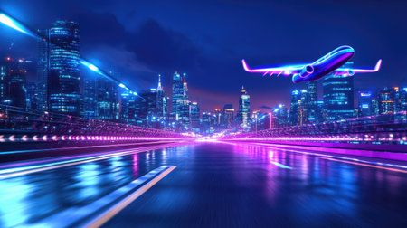 A stunning futuristic cityscape at night featuring vibrant neon lights and an airplane taking flight. The dynamic scene captures urban architecture and lively reflections.の素材