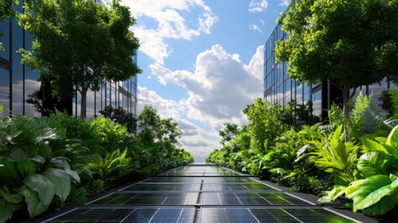 A serene urban pathway lined with solar panels and green foliage, showcasing sustainability and nature's beauty in a modern city setting under a bright sky.の素材