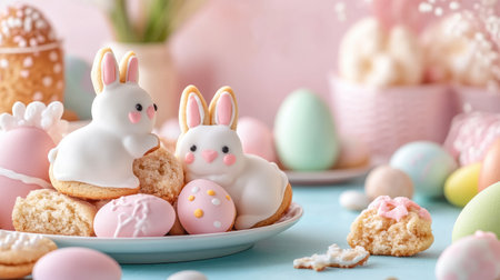 Delight in these adorable Easter treats featuring bunny cookies and pastel decorations, perfect for celebrations, gatherings, and festive spring occasions.の素材