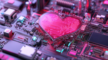 This captivating image features a heart shape embedded in a vibrant circuit design, blending technology and emotion in a stunning visual.の素材