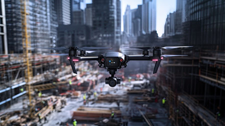 A high-tech drone captures an aerial perspective of a construction site in a bustling city. Workers and machinery coexist in an innovative landscape, showcasing urban development.の素材