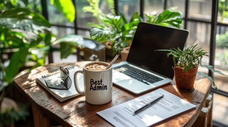 A cozy and inviting workspace featuring a coffee mug, laptop, and lush greenery. Ideal for remote work and creative activities, this setup promotes comfort and inspiration.の素材