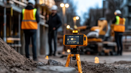 A yellow surveying device stands prominently on a construction site at dusk, with workers in safety gear engaged in their tasks. The scene highlights modern construction technology in action.の素材