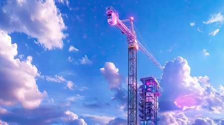 A striking tower crane stands tall against a stunning sky filled with vibrant clouds, showcasing the essence of modern construction and industry.の素材