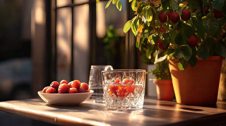 A serene setting featuring fresh red berries in a glass and a charming potted plant on a sunlit table, evoking a warm and inviting atmosphere for relaxation.の素材