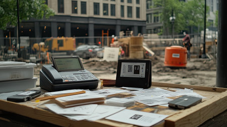 A detailed office scene featuring a calculator and various papers on a desk, set against a bustling construction site in an urban environment. Perfect for illustrating work and planning processes.の素材