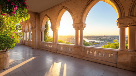 Experience a breathtaking sunset view from an elegant stone archway, with vibrant greenery and a peaceful riverscape, creating a perfect travel escape.の素材