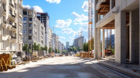 A vibrant urban construction site under a blue sky, showcasing building materials, machinery, and an expansive city view that emphasizes development and progress.の素材