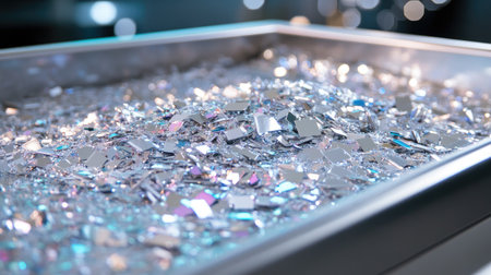 A close-up view of shimmering silver confetti creating a vibrant texture. The bright light enhances the sparkle, perfect for festive designs or celebrations.の素材