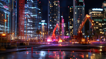 A vibrant night construction scene showcasing cranes and equipment amidst a modern city skyline. Bright lights reflect off the wet surfaces, highlighting urban development.の素材