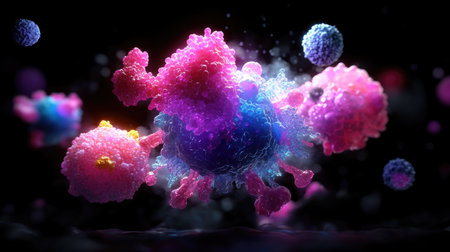 Explore a vivid 3D abstract representation of microorganisms, showcasing vibrant colors and dynamic shapes. Ideal for science and biology themes.の素材