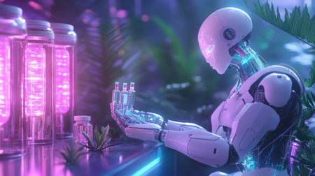 A futuristic robot holds glass vials while surrounded by neon lights and plants. This captivating scene merges technology with a vibrant laboratory atmosphere.の素材