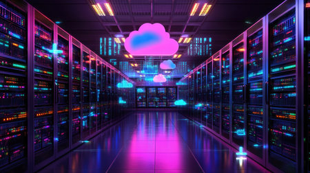 Explore a vibrant data center showcasing advanced technology with neon lights and cloud motifs, representing the future of digital storage and connectivity.の素材