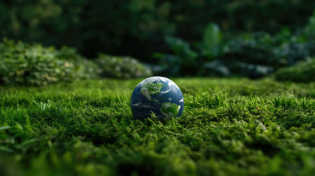 A vibrant globe rests upon lush green moss, symbolizing harmony with nature. This image captures the beauty of the planet in a tranquil environment.の素材