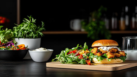 Enjoy a mouthwatering crispy fried chicken sandwich served with fresh salad and creamy dipping sauce, perfect for a wholesome meal on any occasion.の素材