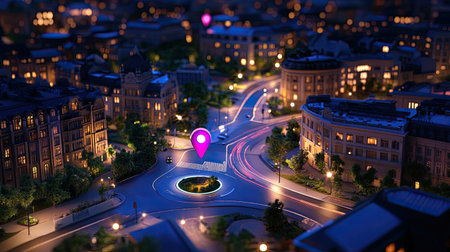 A stunning night cityscape featuring a vibrant roundabout with illuminated streets. Location markers add a modern touch to this beautiful urban scene.の素材