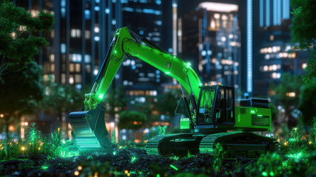A bright green excavator is showcased in an urban night scene, surrounded by lush vegetation and illuminated city lights, highlighting the blend of nature and technology.の素材