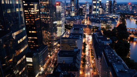 A stunning aerial view of a vibrant cityscape at dusk, showcasing illuminated buildings, bustling streets, and a serene river. A perfect blend of urban life and evening calm.の素材
