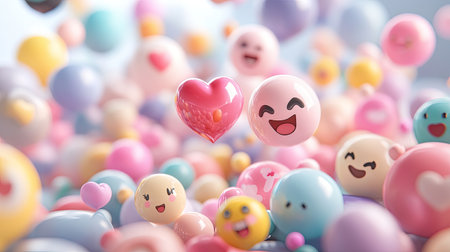 A vibrant and playful scene filled with joyful smiley faces and hearts in various colors, creating a cheerful atmosphere perfect for expressing happiness and love.の素材