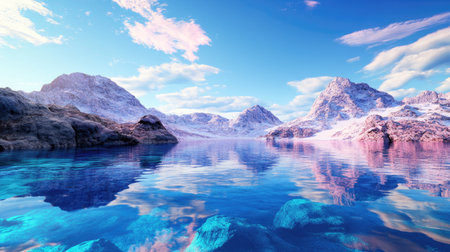 A breathtaking view of majestic mountains reflecting in a crystal-clear lake at sunrise. The vibrant colors and calm waters create a serene and tranquil landscape.の素材