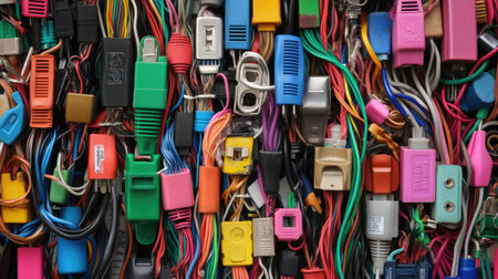 A vibrant close-up image of tangled electronics wires and connectors showcasing a chaotic yet colorful arrangement. Ideal for technology and design themes.の素材