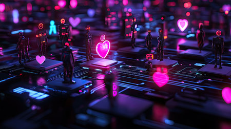 Explore a vibrant digital landscape featuring neon hearts and human figures on a circuit board. This visually striking image represents technology, connectivity, and romance.の素材