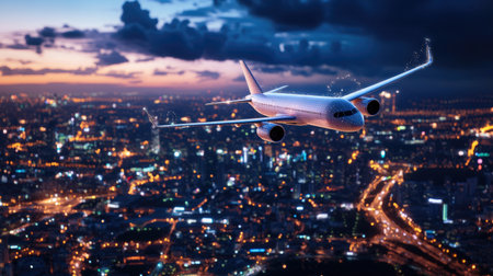 An airplane gracefully soars above a vibrant city skyline at dusk, showcasing sparkling lights below. This image captures the essence of urban travel and modern adventure.の素材
