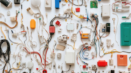 A vibrant assortment of electrical components including wires, plugs, and connectors arranged on a white background, showcasing a DIY and tech theme for educational or design purposes.の素材