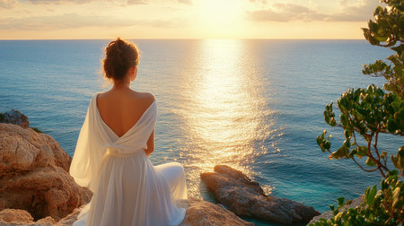 A serene scene featuring a woman in a flowing white dress, gazing at a breathtaking sunset over the ocean, embodying tranquility and beauty in nature.の素材