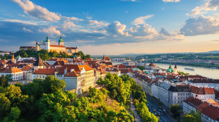 This stunning panoramic view captures a historic city with a majestic castle overlooking a serene river, all under a vibrant blue sky dotted with fluffy clouds.の素材