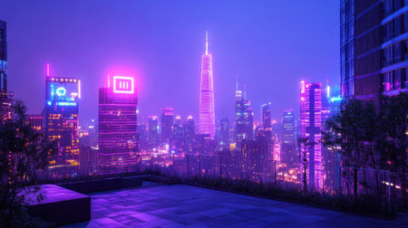 Stunning view of a vibrant city skyline at night, showcasing colorful neon lights illuminating modern skyscrapers. A serene rooftop perspective captures the beauty of urban life.の素材
