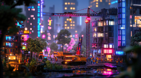 A vivid nighttime urban scene featuring construction machinery amid neon-lit buildings, showcasing the hustle of city development and vibrant city life.の素材