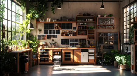 A beautifully designed kitchen featuring wooden elements and lush greenery, highlighted by natural light. This inviting space emphasizes creativity and warmth.の素材
