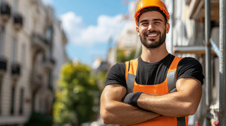 A cheerful construction worker stands confidently in safety gear, showcasing a bright smile. This scene captures the essence of urban labor and teamwork in the city.の素材