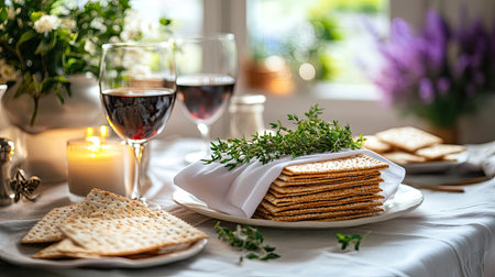 A cozy dining scene showcasing crackers elegantly arranged with fresh herbs and glasses of wine, perfect for gatherings or celebrations.の素材
