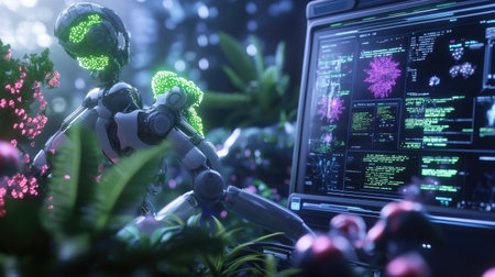 A futuristic robot with bioluminescent features interacts with a computer display in a vibrant, lush environment, showcasing the blend of technology and nature.の素材